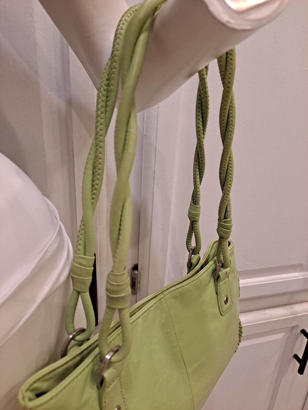 Sigrid Olsen Light Green Leather Braided Handles Stitched Vtg Y2k Vibrant Liner - Picture 5 of 16